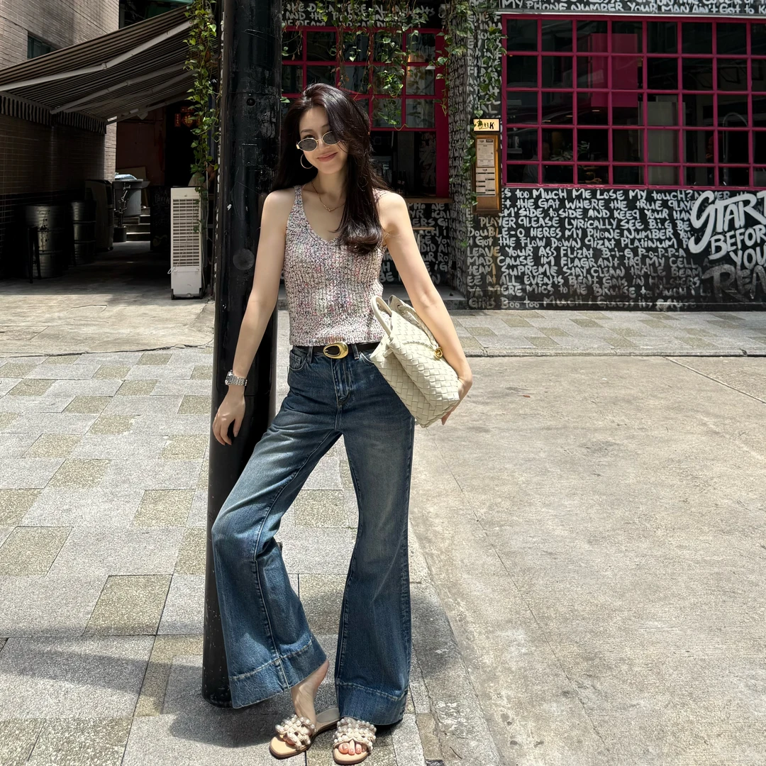 王嬛嬛MsLime25年新款【小香微阔裤】100%棉蓝色牛仔裤 HD2A1254