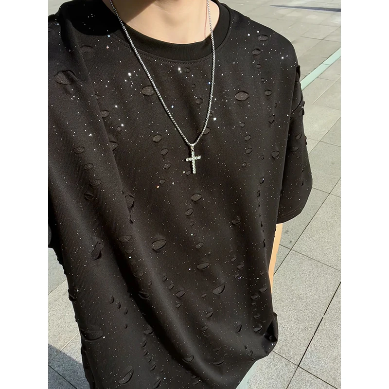 2025新款圆领休闲短袖T恤男水洗破洞时尚设计感美式潮牌男装上衣