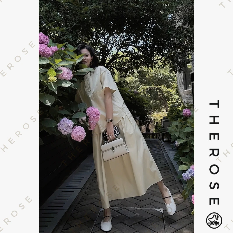 之柔【北海周末 套装】时尚圆领半门襟上衣气质舒适褶皱A版半裙显瘦