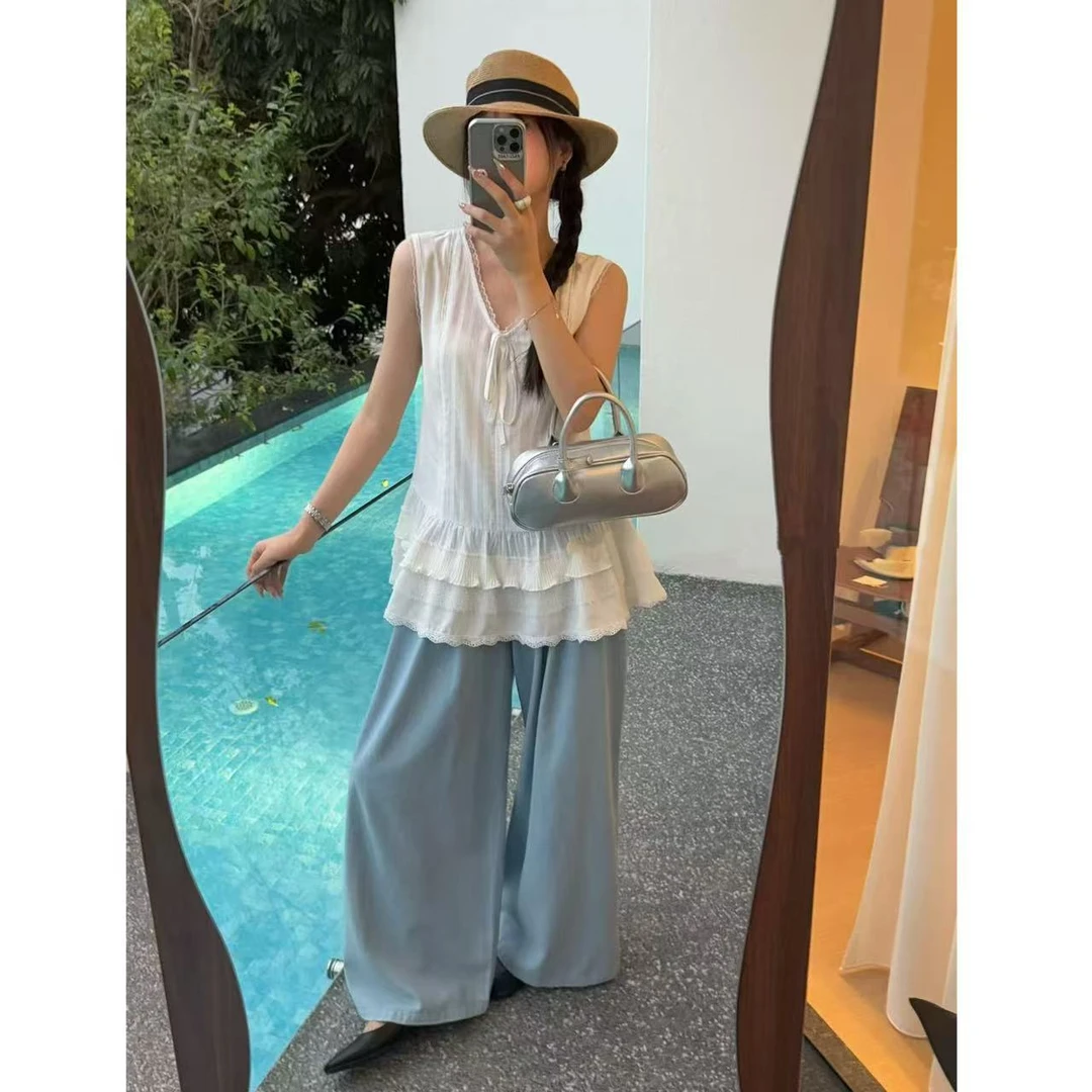 韩系甜美ins蕾丝叠穿背心小衫6165