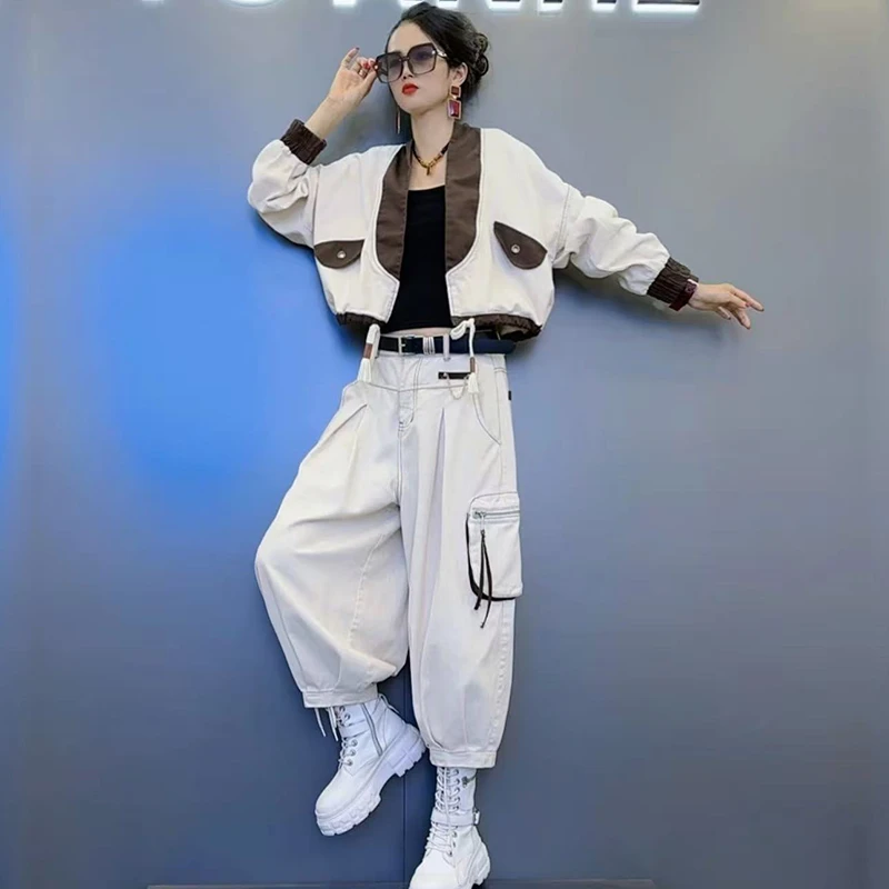 春秋新款时尚个性简约套装女设计显瘦宽松短外套褶皱灯笼裤两件套