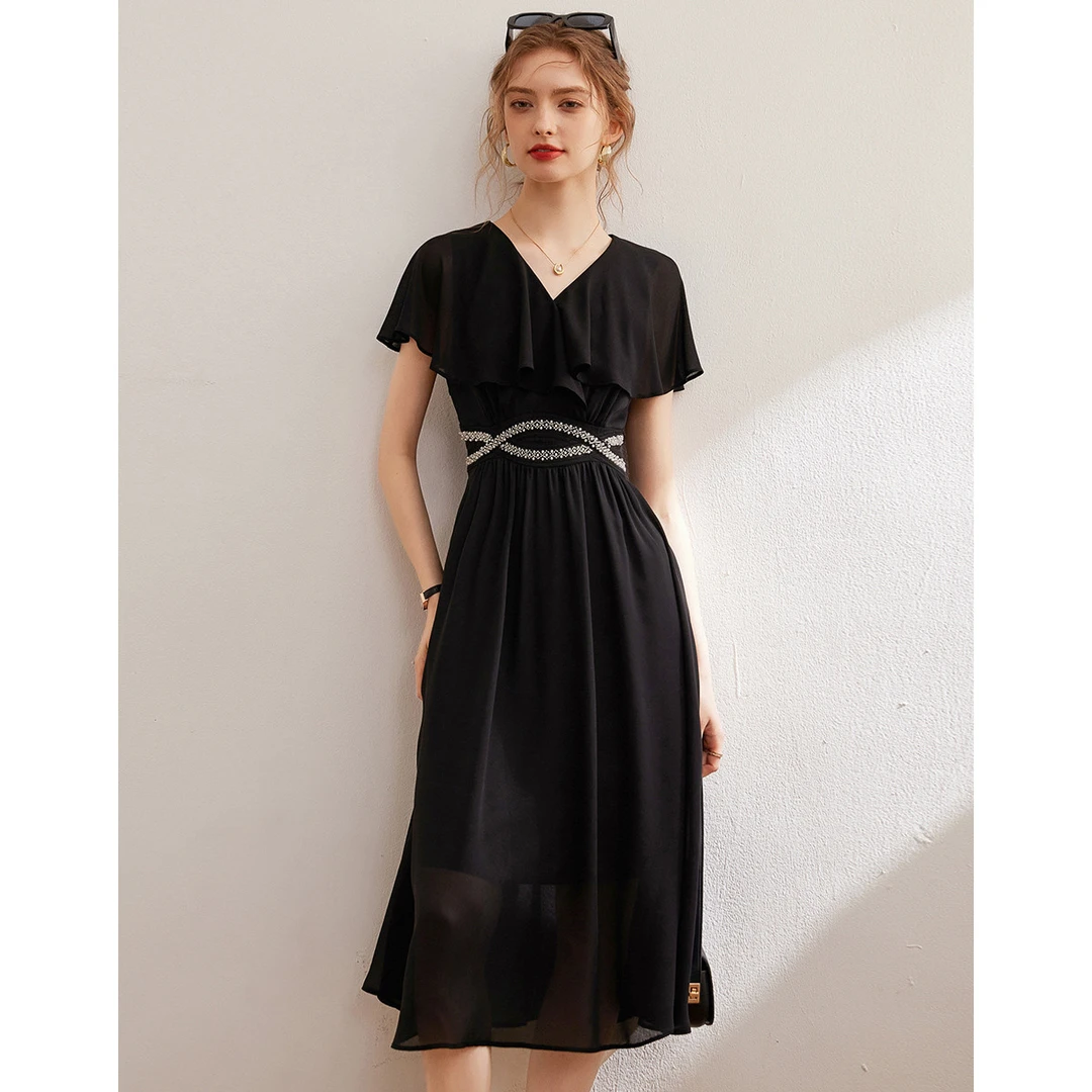 【商场同款新品】白鹿语夏荷叶袖钉珠装饰时尚修身长连衣裙ZYU20136