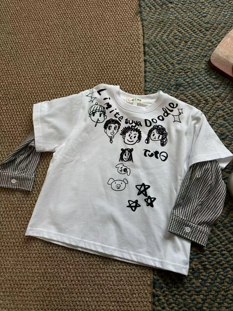 BLUEXIXI/咘噜西西2025春新款宝宝的画格子袖假两件上衣2025068