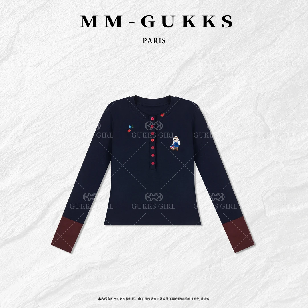 明明GUKKS『红色派对』2025秋季轻职甜美系半开领POLO领打底衫T恤