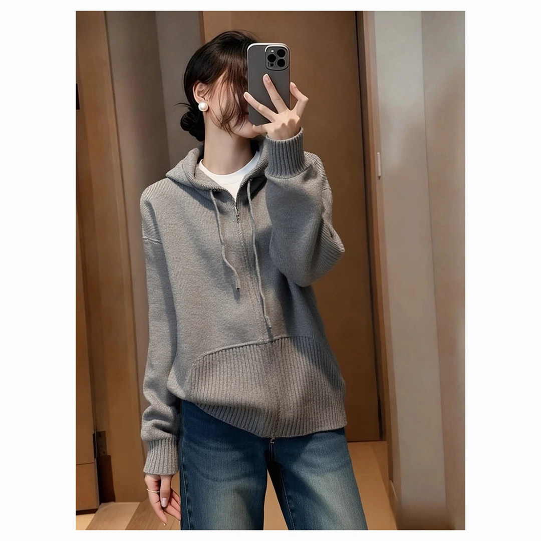 韩系宽松休闲洋气百搭长袖针织衫2025冬季设计感拉链连帽气质毛衣
