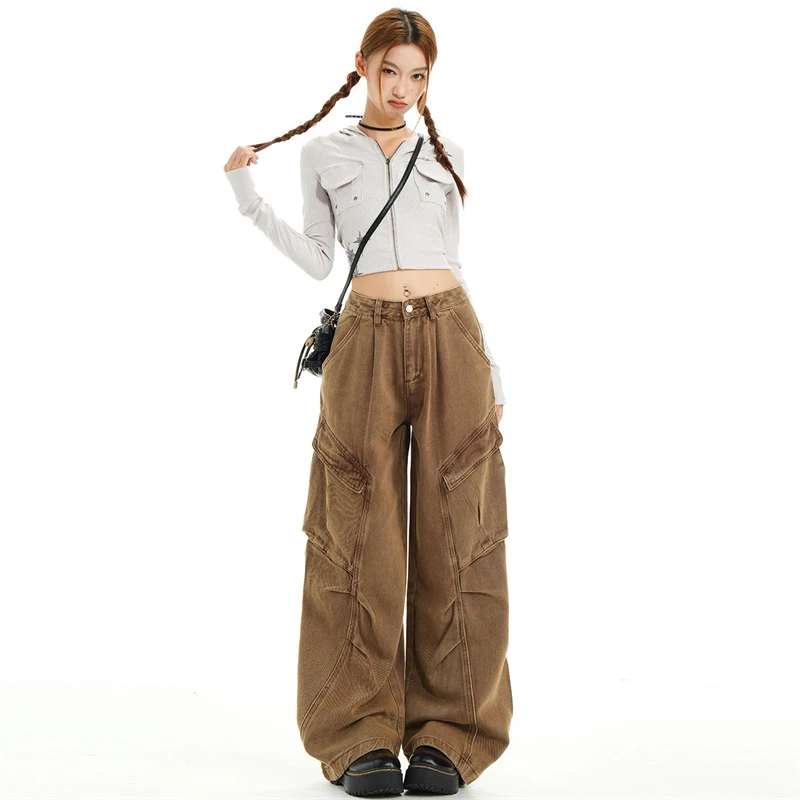 早秋新款咖色美式街头垂顺感褶皱多口袋工装牛仔裤女新款潮流拖地