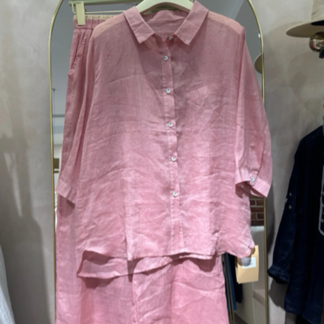 高端舒服休闲洋气亚麻套装粉色衬衣款