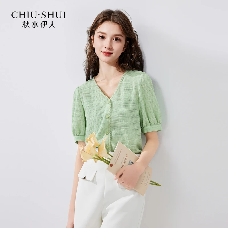 【赵老板】秋水伊人法式V领针织开衫女短袖上衣624204A030535