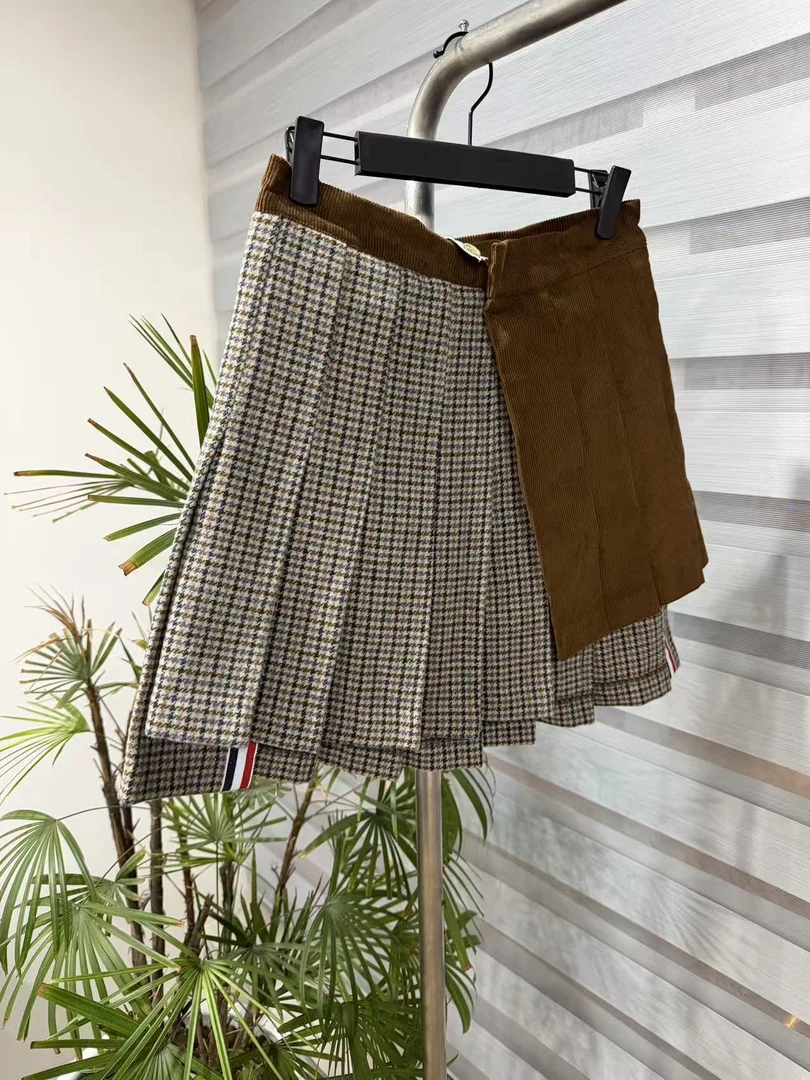 【好难做】少女气息满满！美拉德色拼接羊毛半裙千鸟格拼灯芯绒短裙