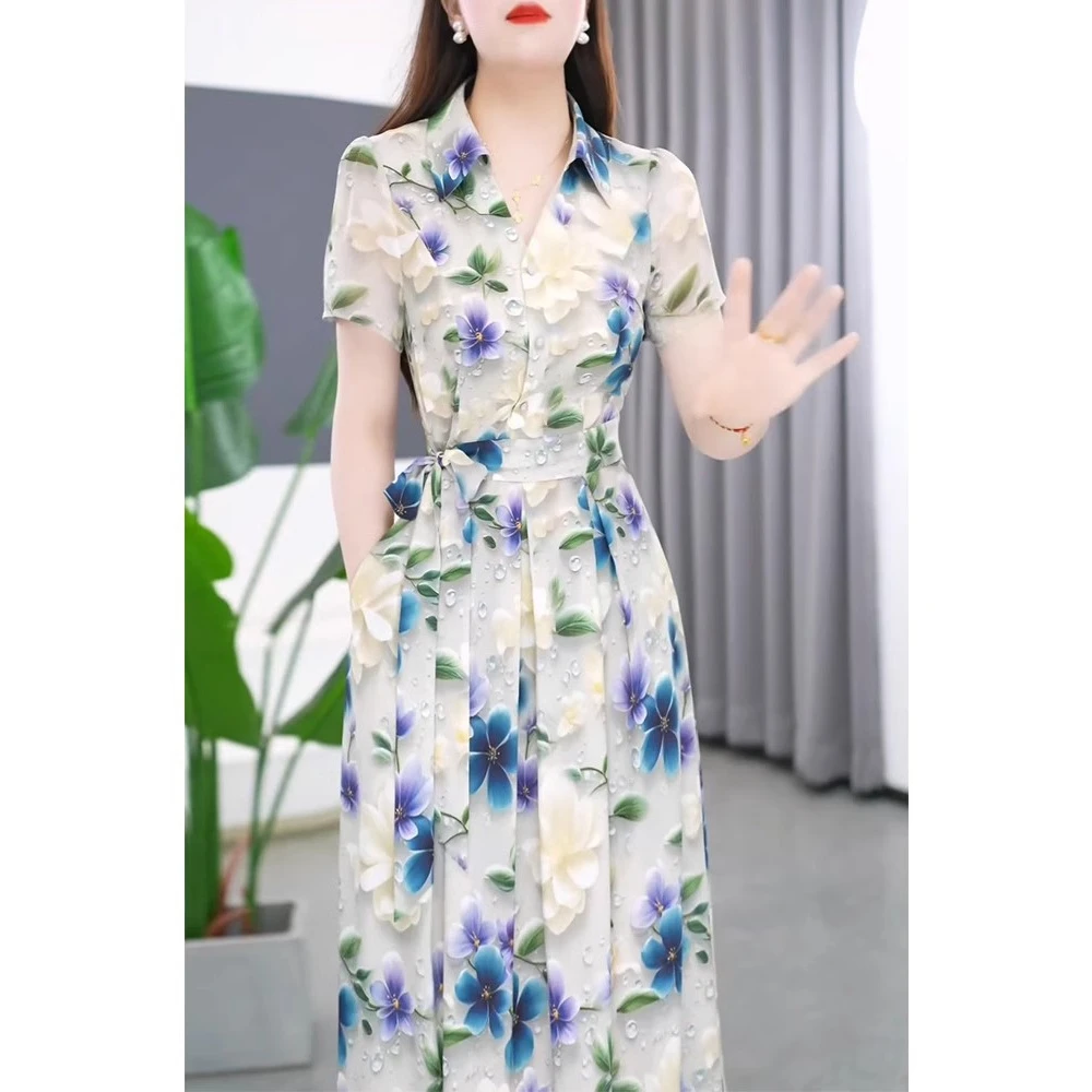 有口袋印花真丝连衣裙爆款2025新款夏季中长款修身收腰洋气质裙子