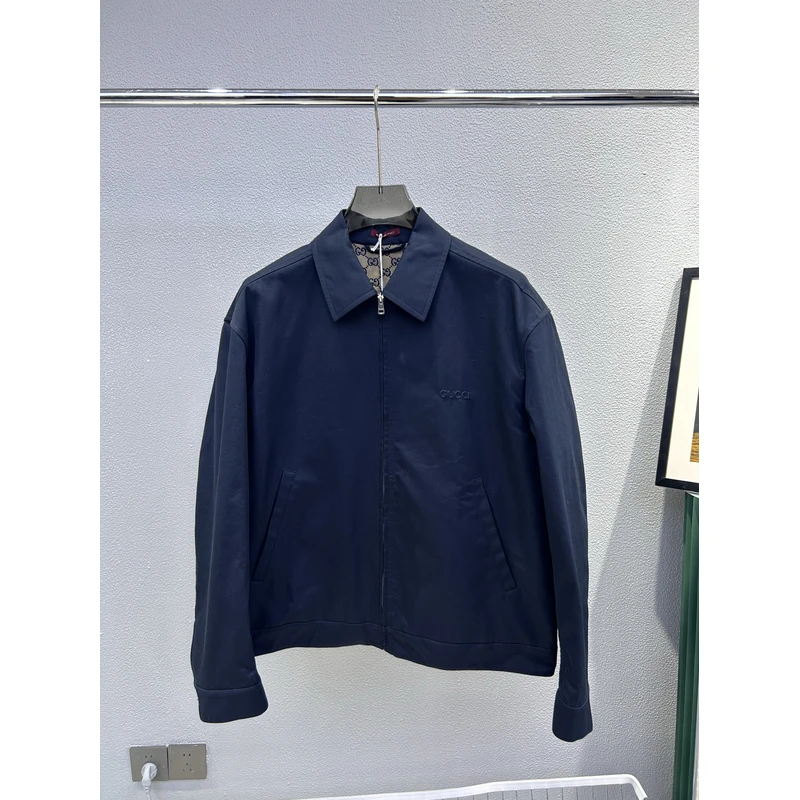 全新未使用Gucci古驰 784180 内里双G老花纹男士蓝色翻领夹克外套