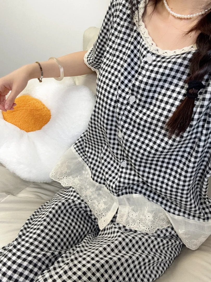 [金Rich]法式蕾丝花边拼接格子，夏季睡衣家居服三件套带胸垫