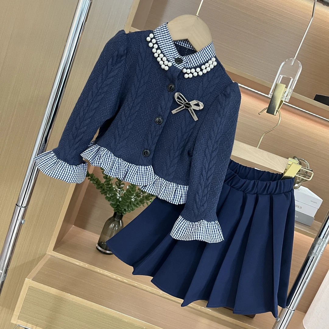 女童套装2025春季新款百搭假两件拼接长袖针织上衣百褶裙两件套潮