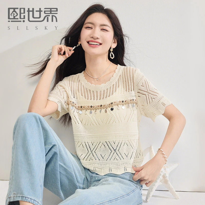 熙世界重工镂空提花针织衫夏薄款2025新款休闲宽松短袖罩衫上衣