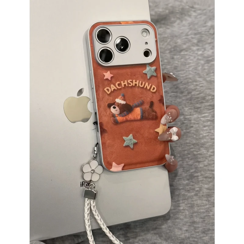 毛绒狗狗适用苹果17pro手机壳16pm华为p70金属皮纹防摔小众小米17