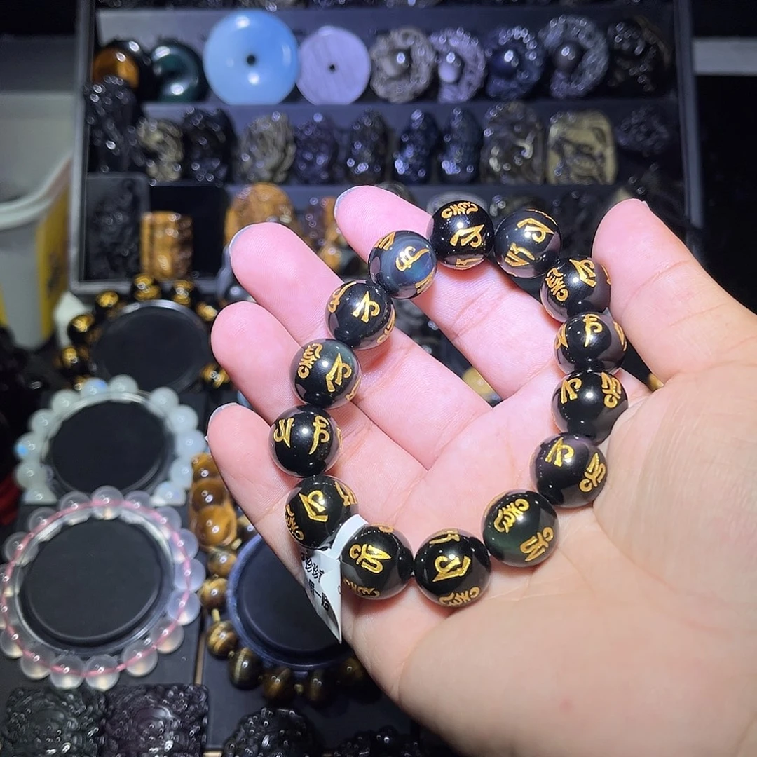 黑曜岩未镶嵌手链旻*天然彩曜石六字真言16m