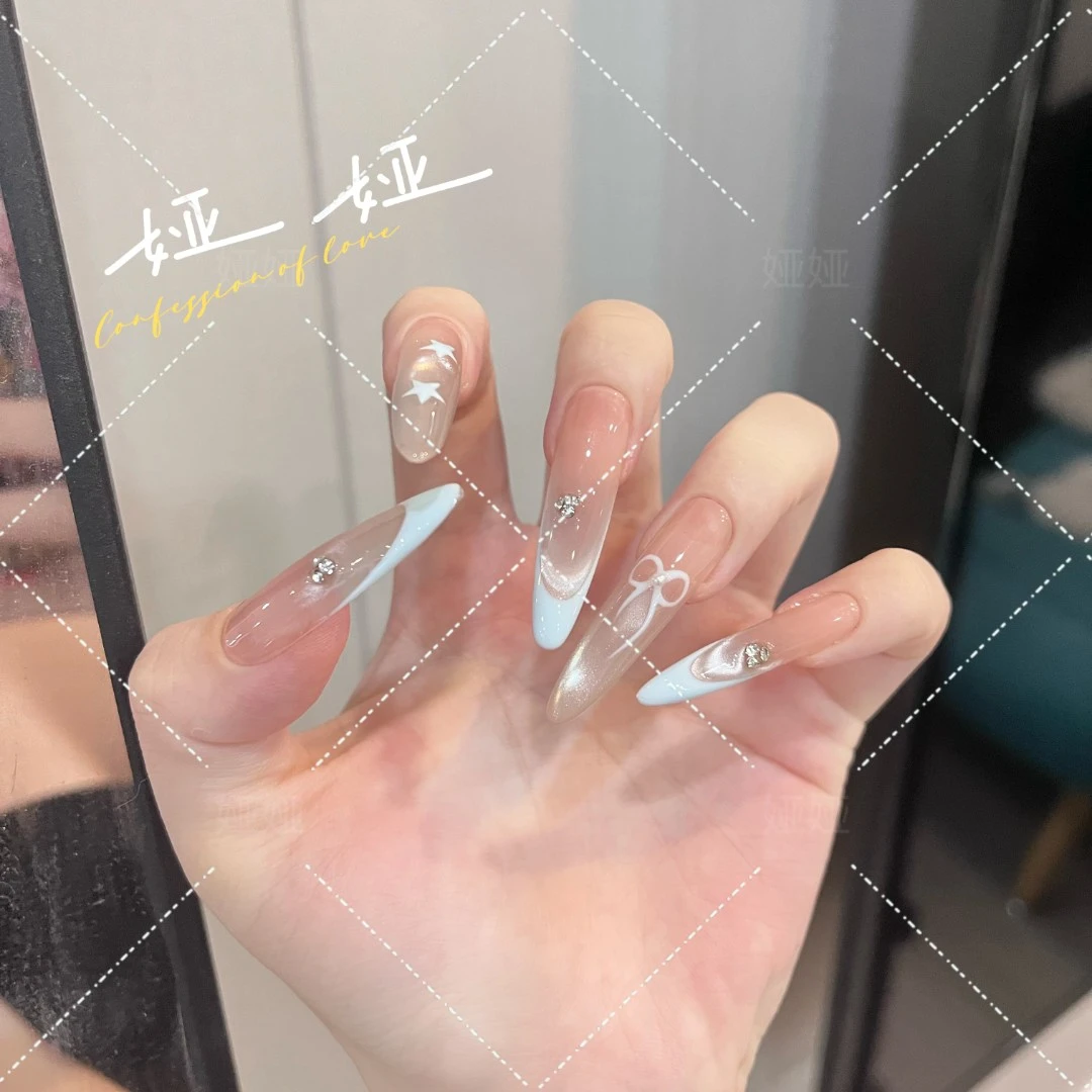 【海蓝之心】纯手工穿戴甲气质款光疗美甲成品可拆卸10片A