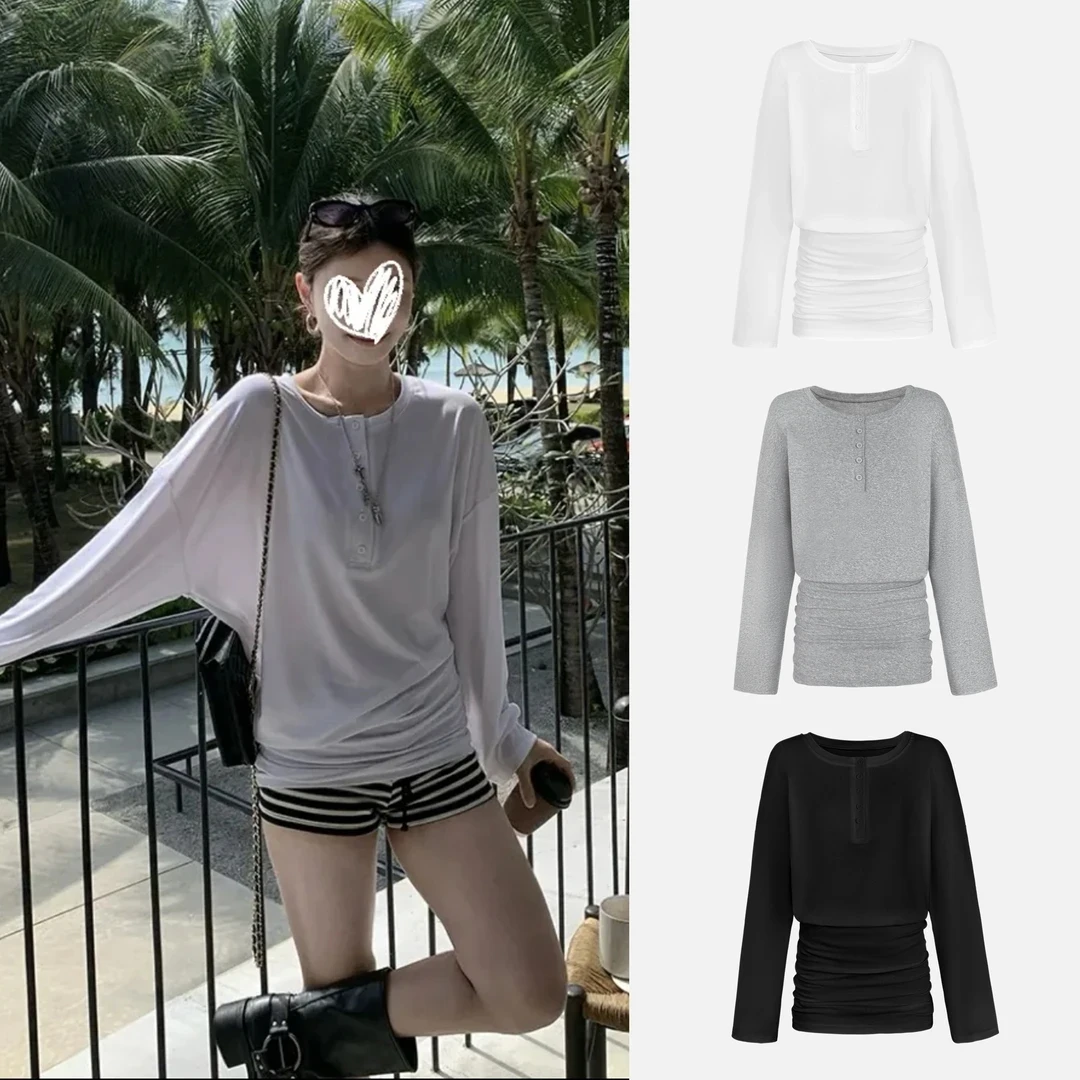 小众设计感2025新款宽松百搭显瘦圆领上衣纽扣夏季宽松休闲T恤女