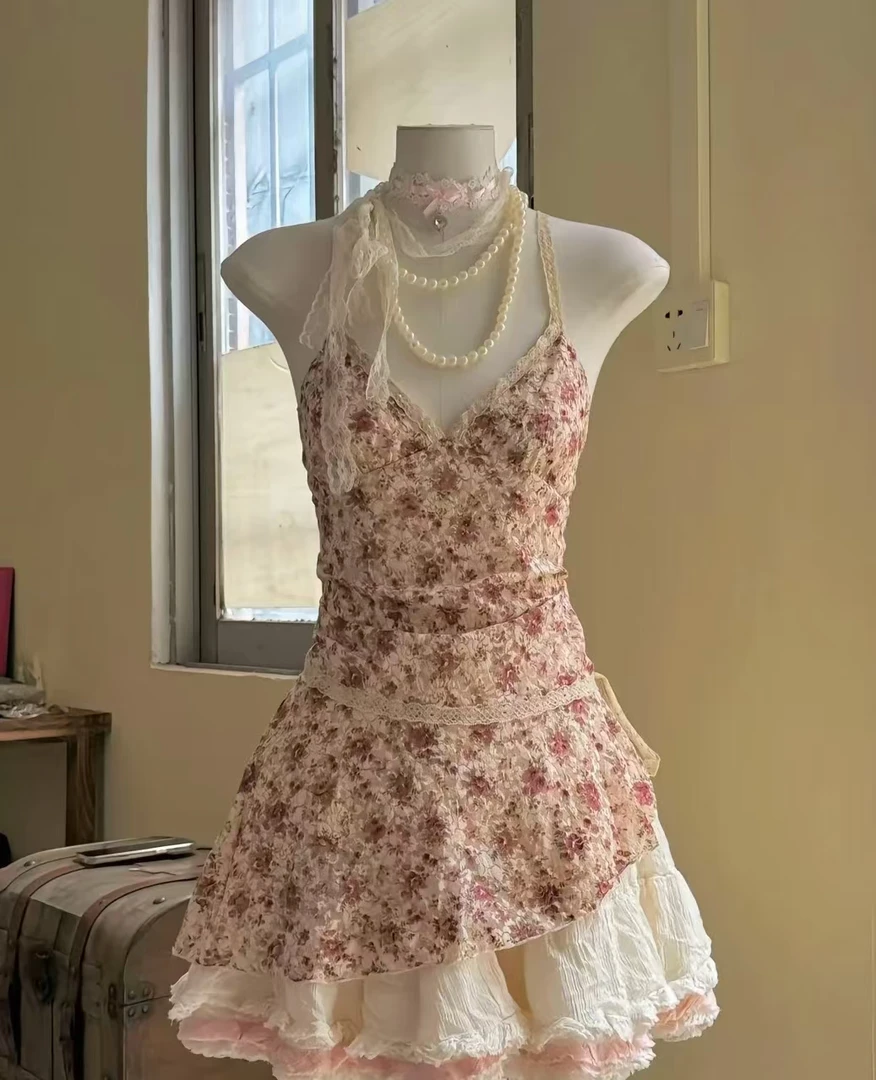 连衣裙拉链女装短裙建筑春夏蕾丝碎花吊带夏季