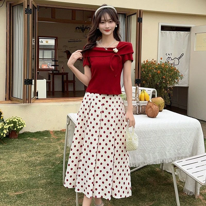 显瘦气质复古收腰高腰法式时尚夏季红色套装裙 法式高档红色上衣