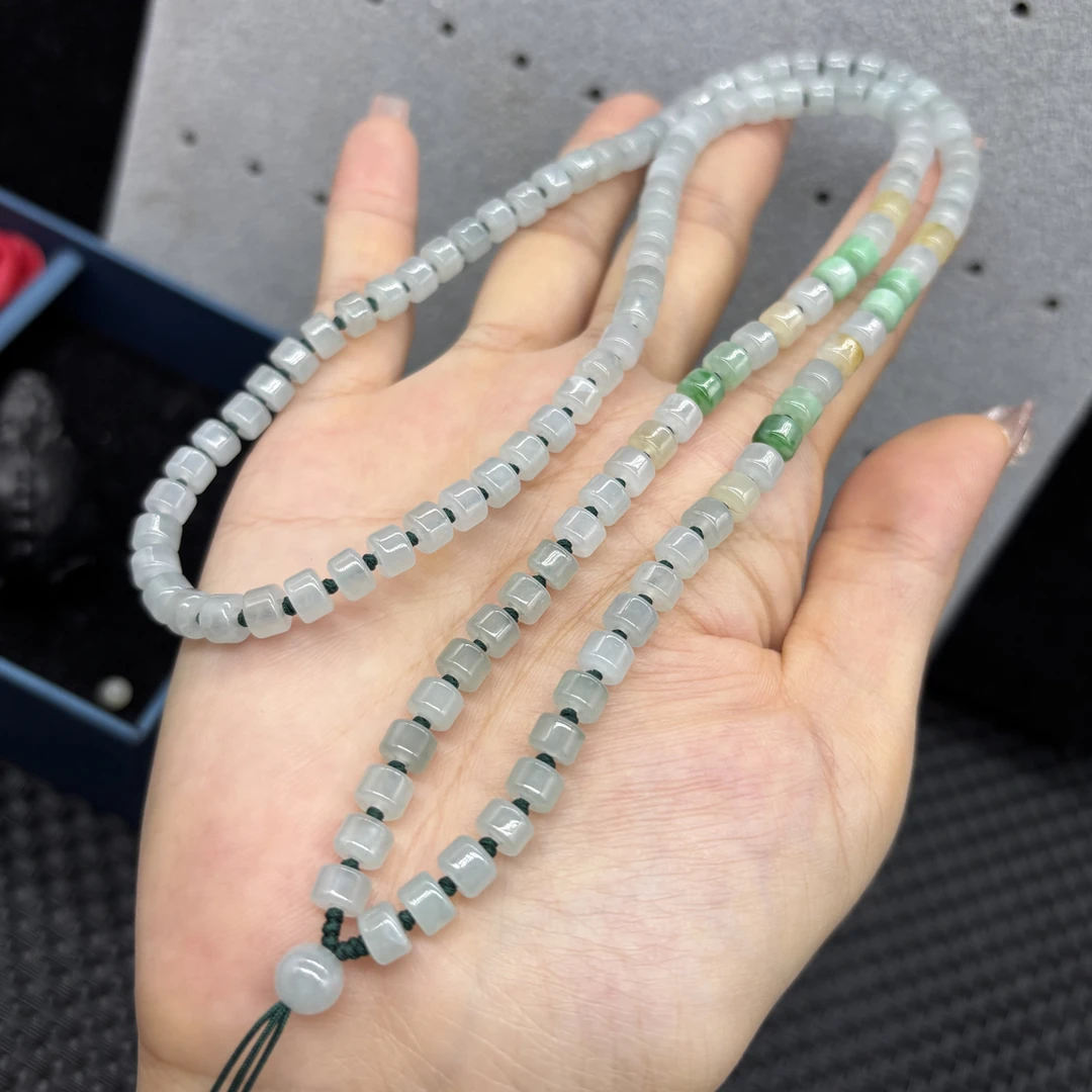 高档天然缅甸A货翡翠白冰种5mm玉石挂件绳毛衣链长链时尚百搭