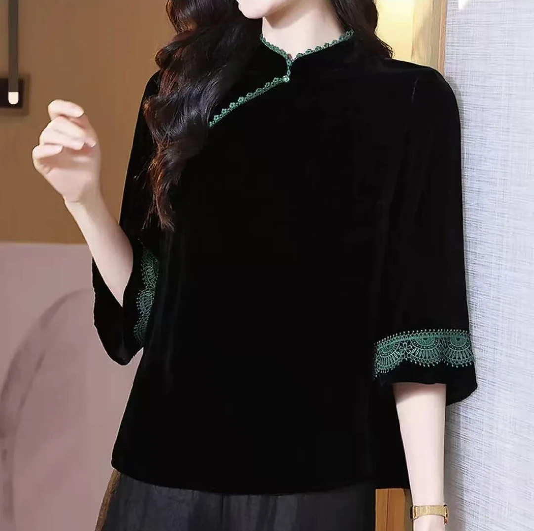新中式上衣女秋季国风蕾丝花边拼接盘扣圆领斜襟七分袖丝绒