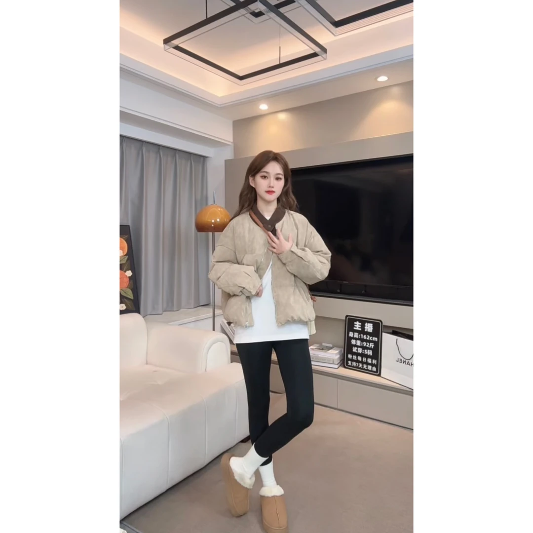 短款棉服女冬季2024新款卡其色小个子棉服圆领面包服加厚外套