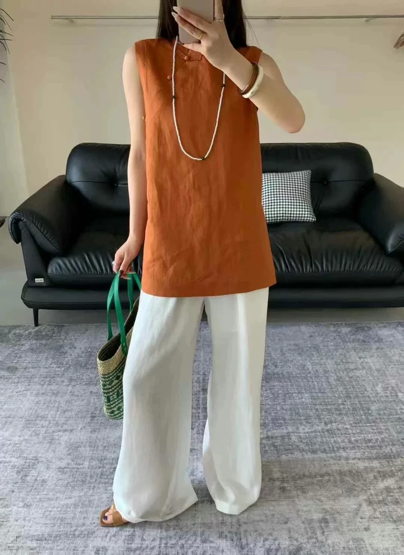 中式盘扣无袖立领宽松显瘦亚麻背心女气质百搭