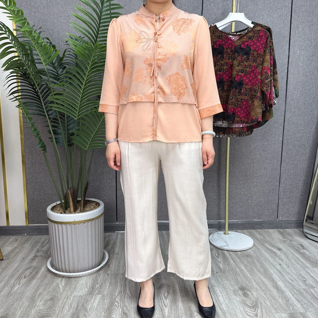 断码特价中年妈妈夏季国风复古洋气套装休闲时尚提花绣花母亲节