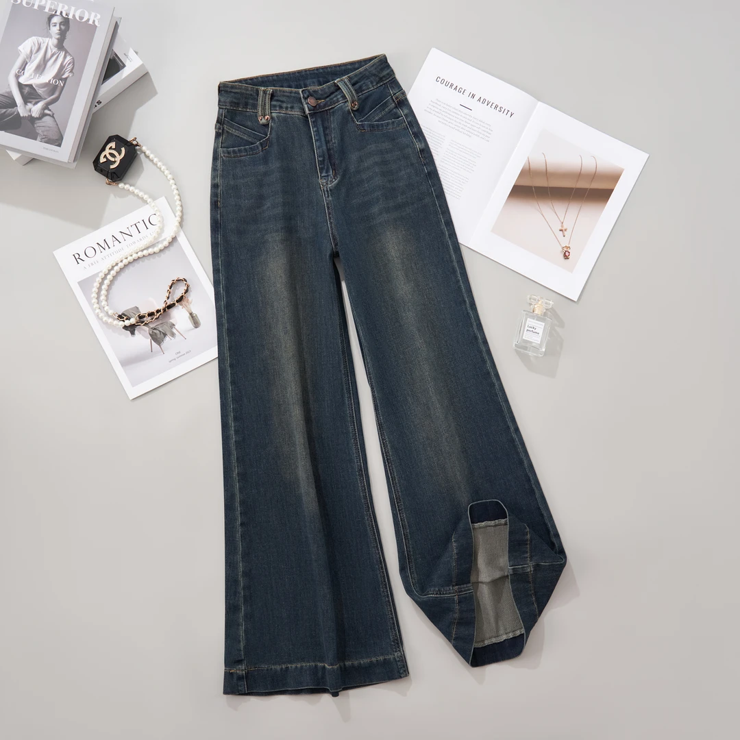 小个子宽松显瘦琥珀流光风柔软亲肤牛仔裤时尚复古阔腿喇叭1073婷