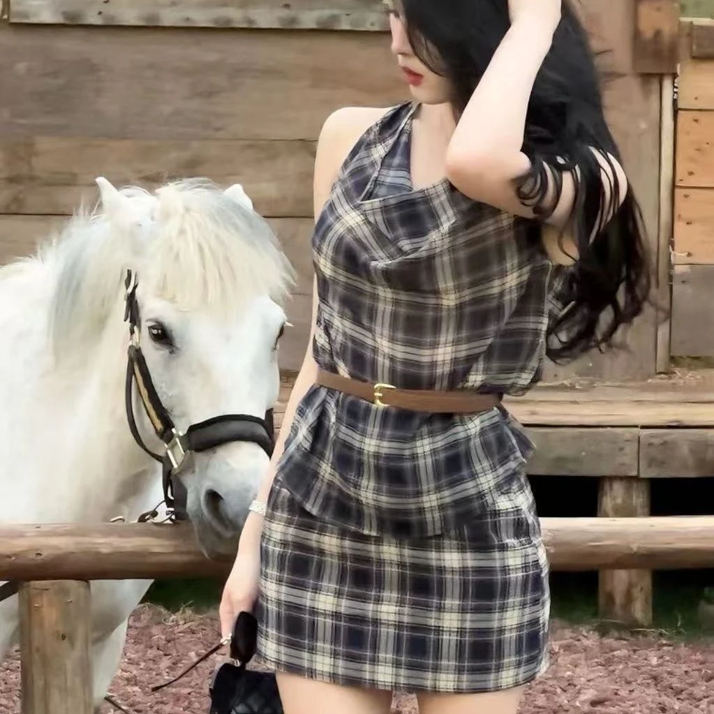 2025新款气质复古格纹无袖上衣高腰显瘦半身裙套装时尚百搭小个子