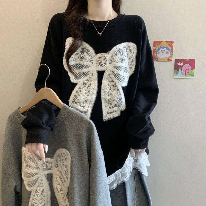 大码女装钩花边蝴蝶结圆领T恤女秋冬宽松时尚宽松中长版长袖上