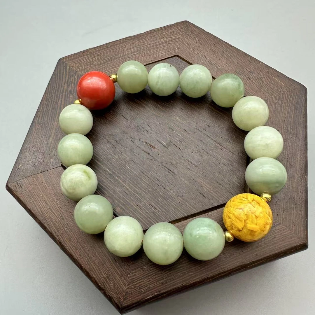 Z351-精美和田玉素珠配红黄单珠单圈手串