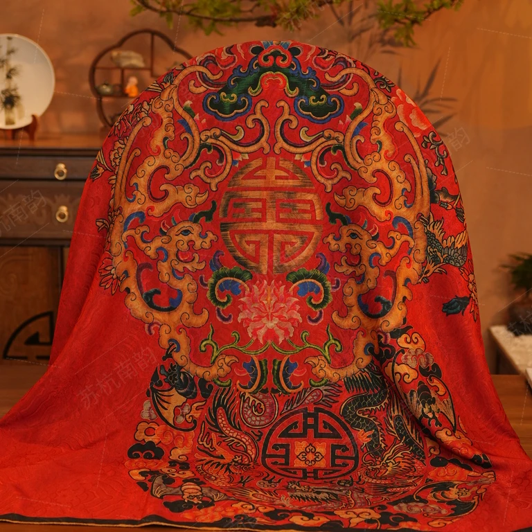 【D35-50龙凤呈祥红色】140*140裂纹丝巾围巾披肩香云纱老料