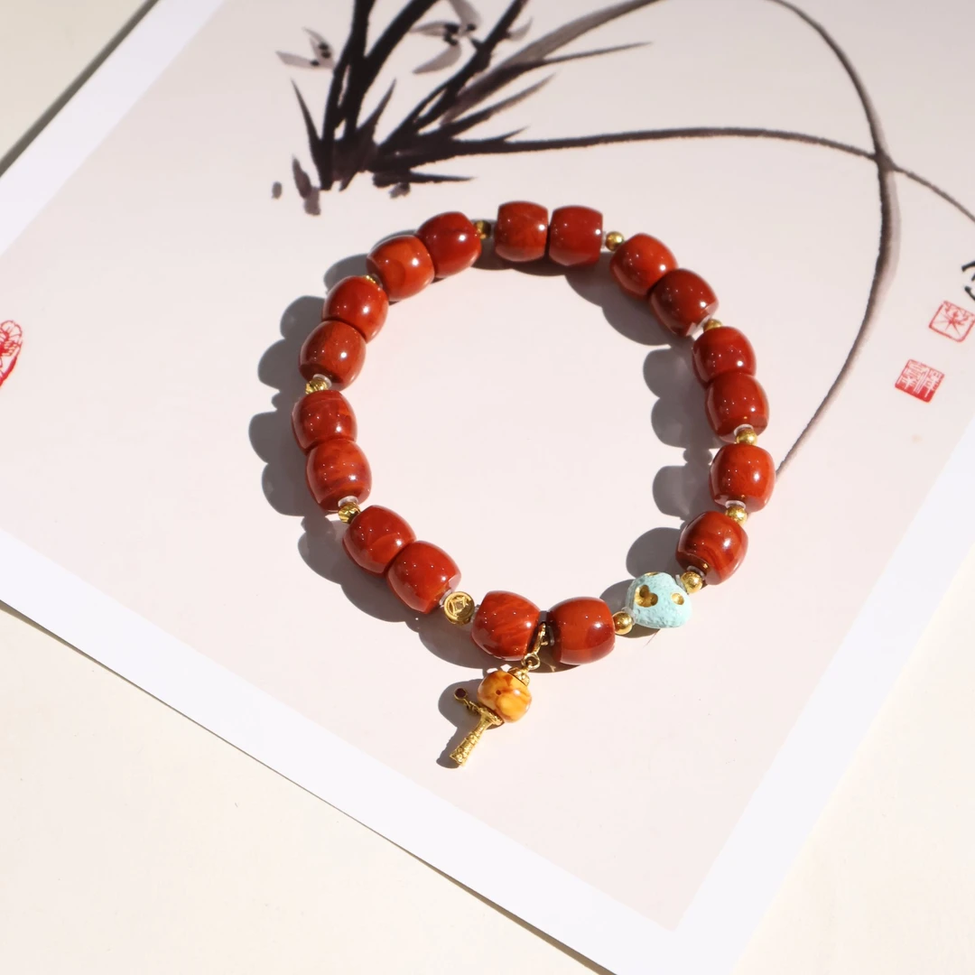 【双色】南红手链*18k金镶嵌*蜜蜡*绿松石