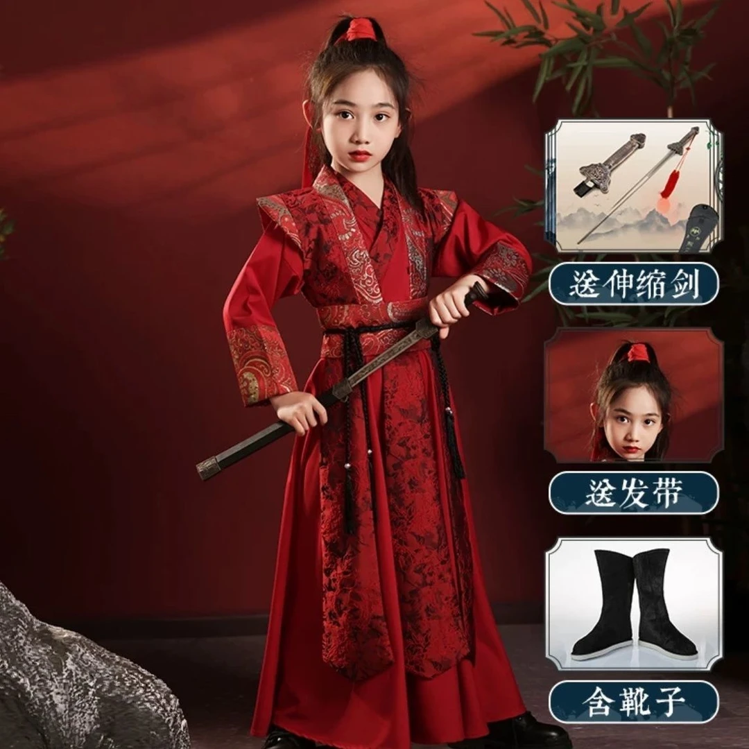 儿童汉服女童花木兰cos服装仙侠风女孩剑客飞鱼服侠客古装演出服