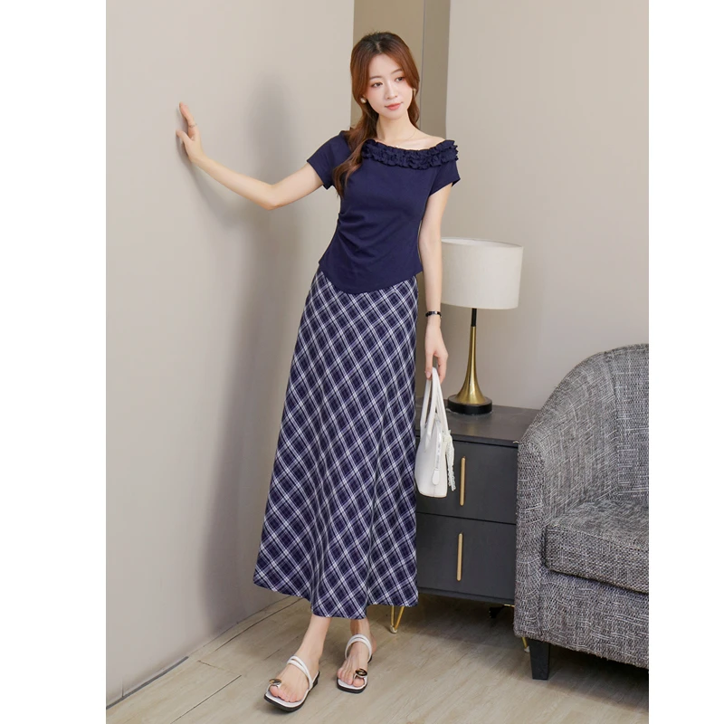 ASY/2025夏季斜肩韩范格纹套裙短袖显瘦气质时尚修身格子两件套