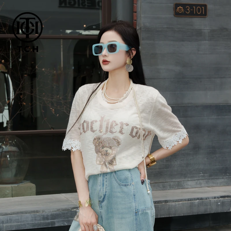 TCH私服烫钻工艺新款时尚休闲百搭针织T恤女T75A09E5156轻奢tch
