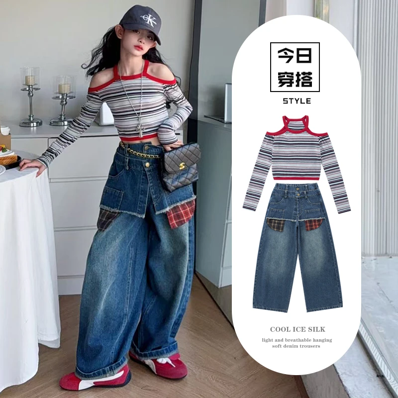 女童2025新款春秋季美式复古假两件格子拼接牛仔裤条纹上衣套装潮