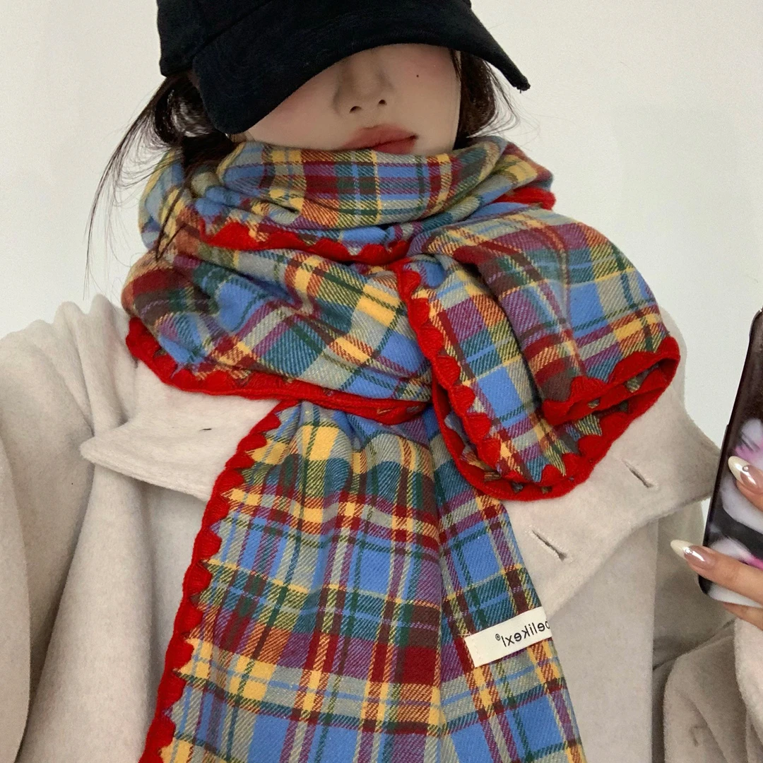复古糖果彩色格子锁边围巾女秋冬韩系氛围感保暖防寒护颈围脖情侣
