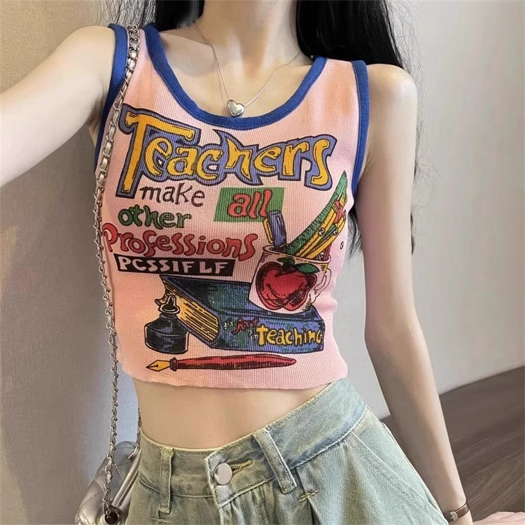 美式吊带背心女夏日多巴胺穿搭小个子印花短款外穿无袖甜辣小上衣