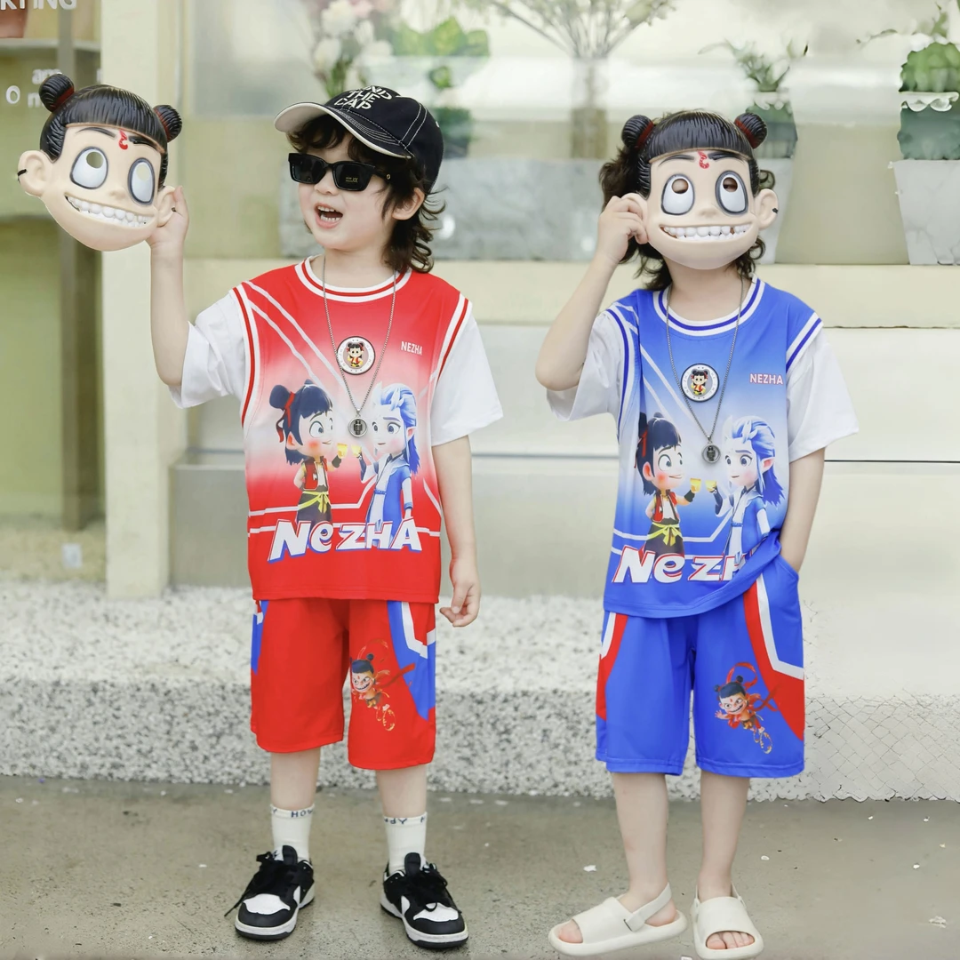 夏季小哪吒短袖套装2025衣服新款宝宝夏装运动男童两件套儿童速干