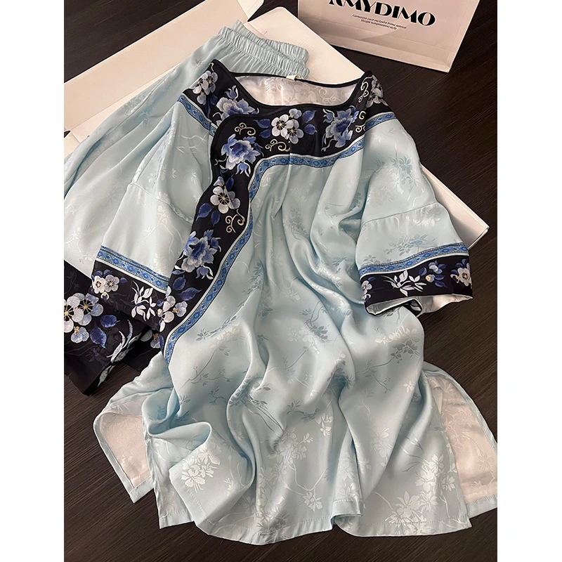 韩版复古印花国风冰丝睡衣女夏2025新款大码宽松家居服套装可外穿