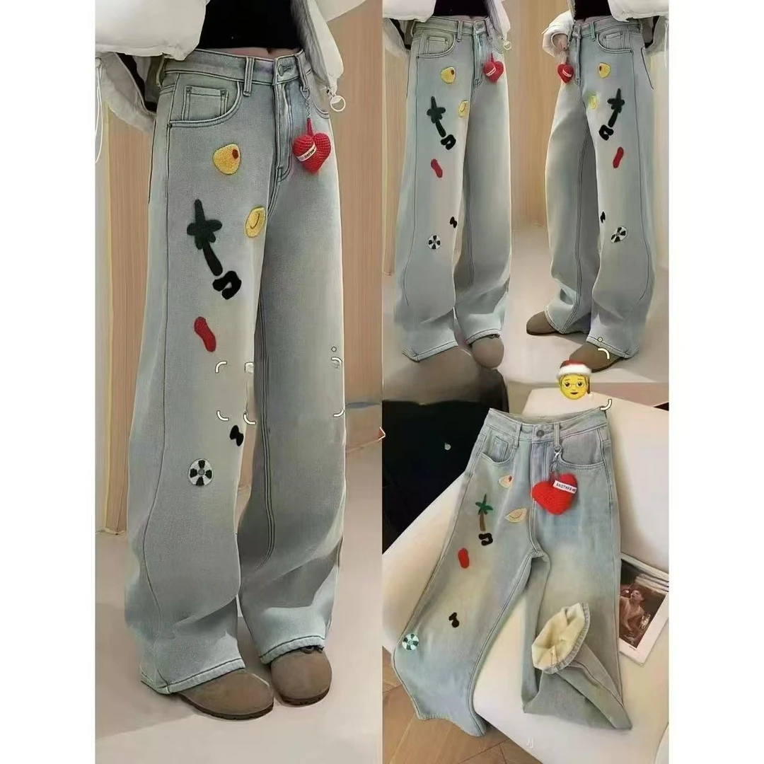 D25210「奔跑的蜗牛」毛巾绣彩色加绒加厚窄版牛仔阔腿裤