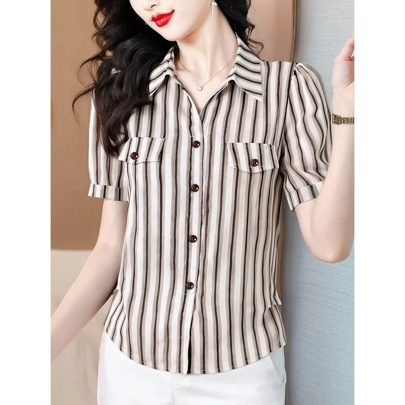 条纹短袖衬衫上衣女洋气时尚夏季透气雪纺衫宽松百搭气质衬衣小衫
