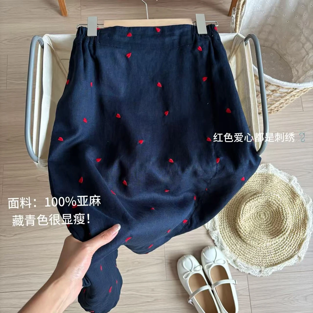 小柒家A00229-温柔系藏青色麻本色复古显瘦女夏季小众不撞半身裙