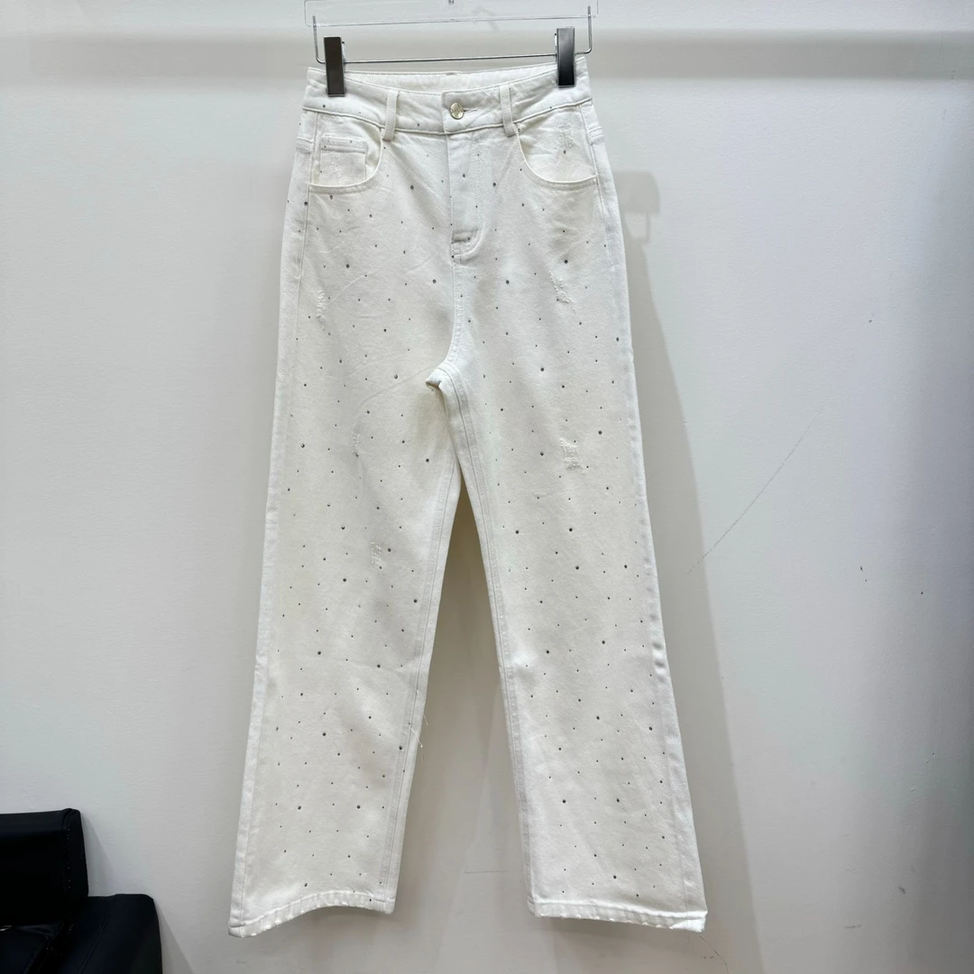 muhou/25白色钉钻小直筒牛仔裤