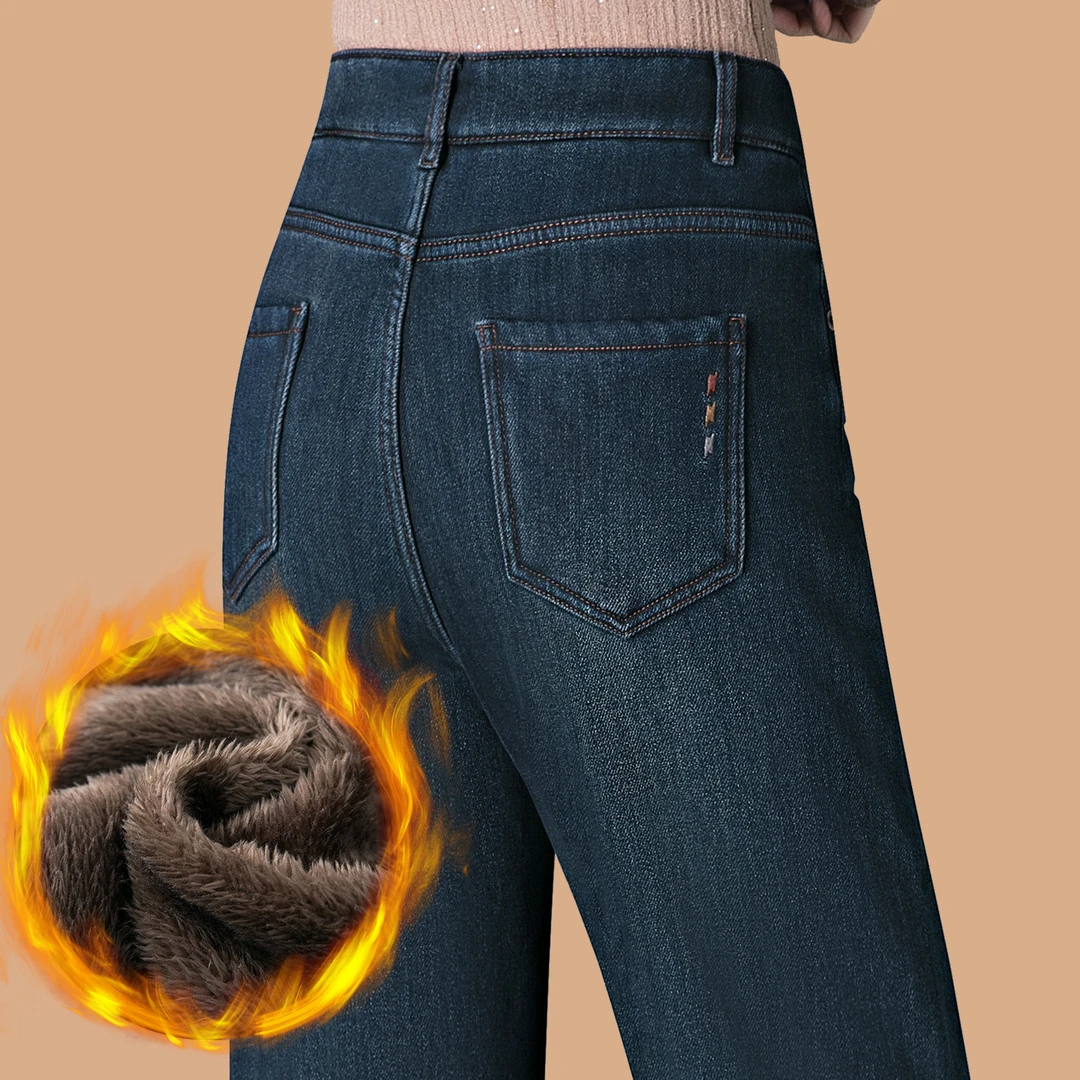 加绒加厚阔腿牛仔裤女士2025秋冬季新款高腰弹力中年妈妈直筒裤子