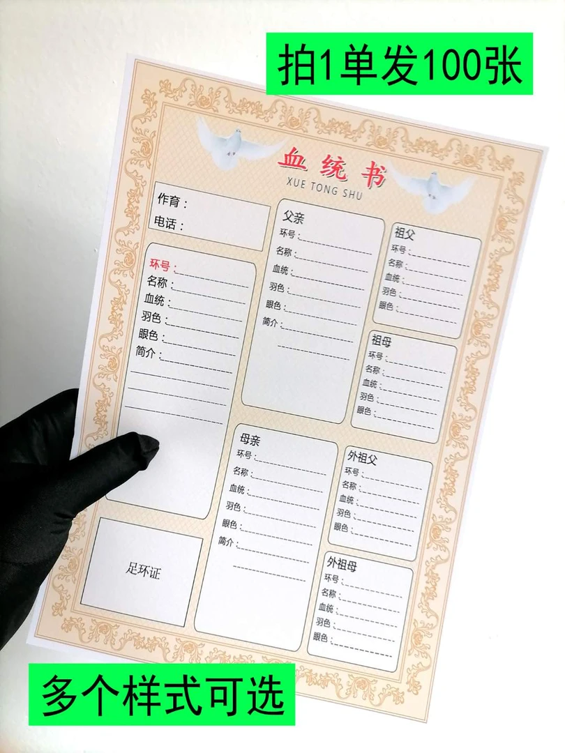 赛鸽血统书种鸽记录信鸽记录，赛鸽父辈祖辈信息记录，A4铜版纸记录