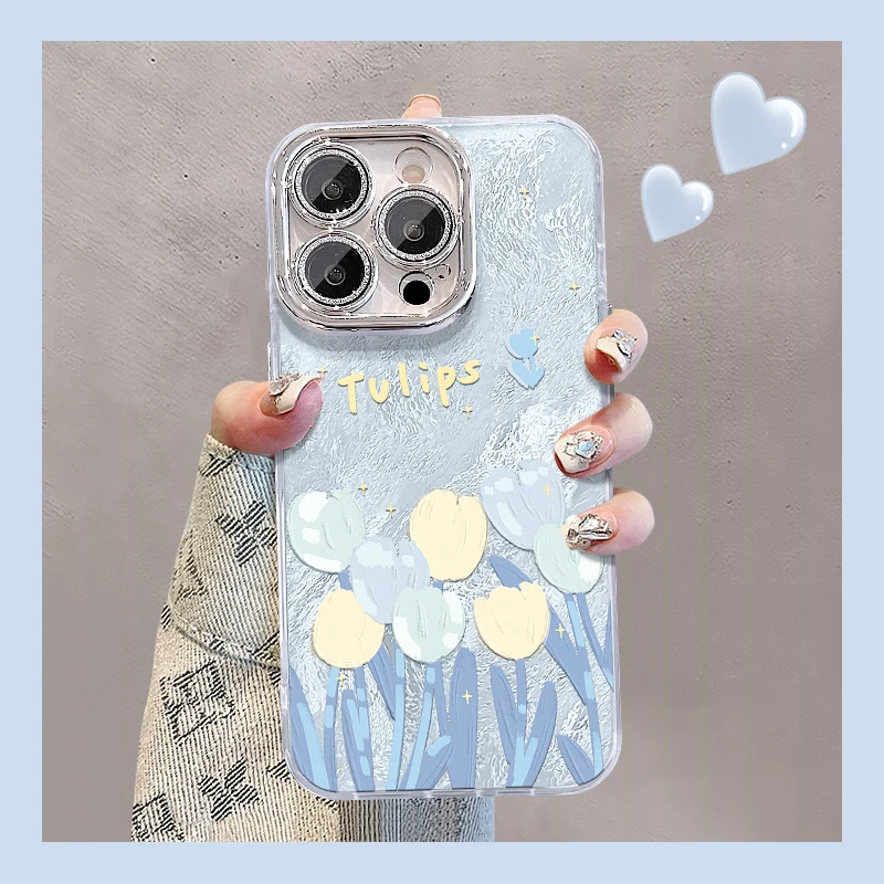 郁金香花丛适用苹果15华为vivo/oppo小米iPhone16精孔冰川手机壳